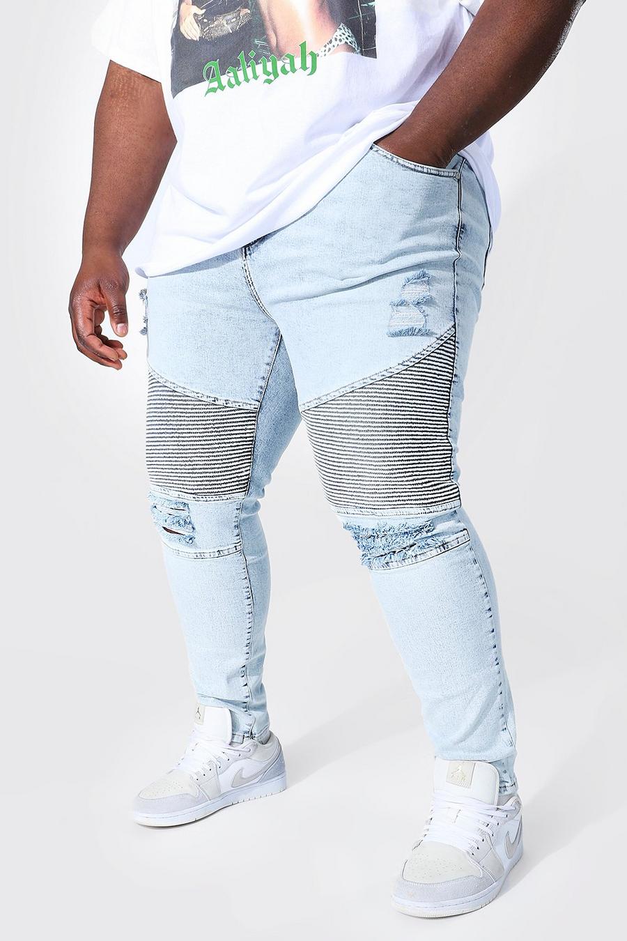 Ice blue Plus - Super skinny jeans med slitage och bikerdetaljer image number 1