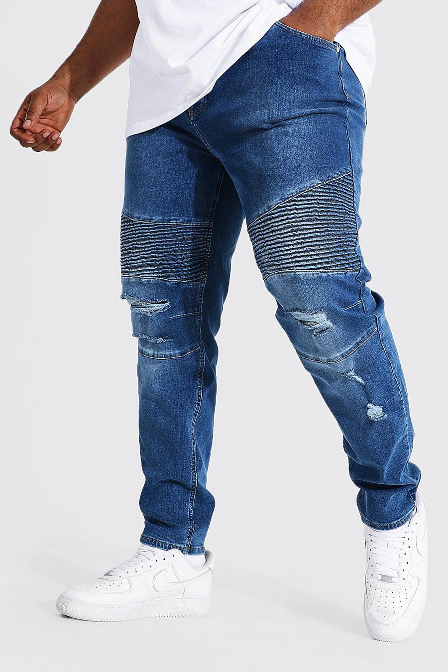 כחול ביניים סקיני ג'ינס אופנוענים עם שפשופים למידות גדולות image number 1