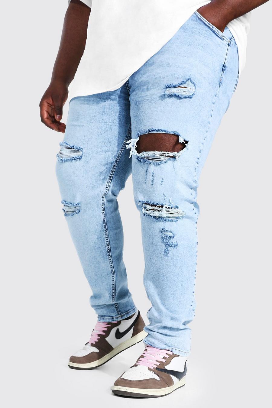 כחול קרח סקיני ג'ינס מבד נמתח עם קרעים מרובים, מידות גדולות image number 1