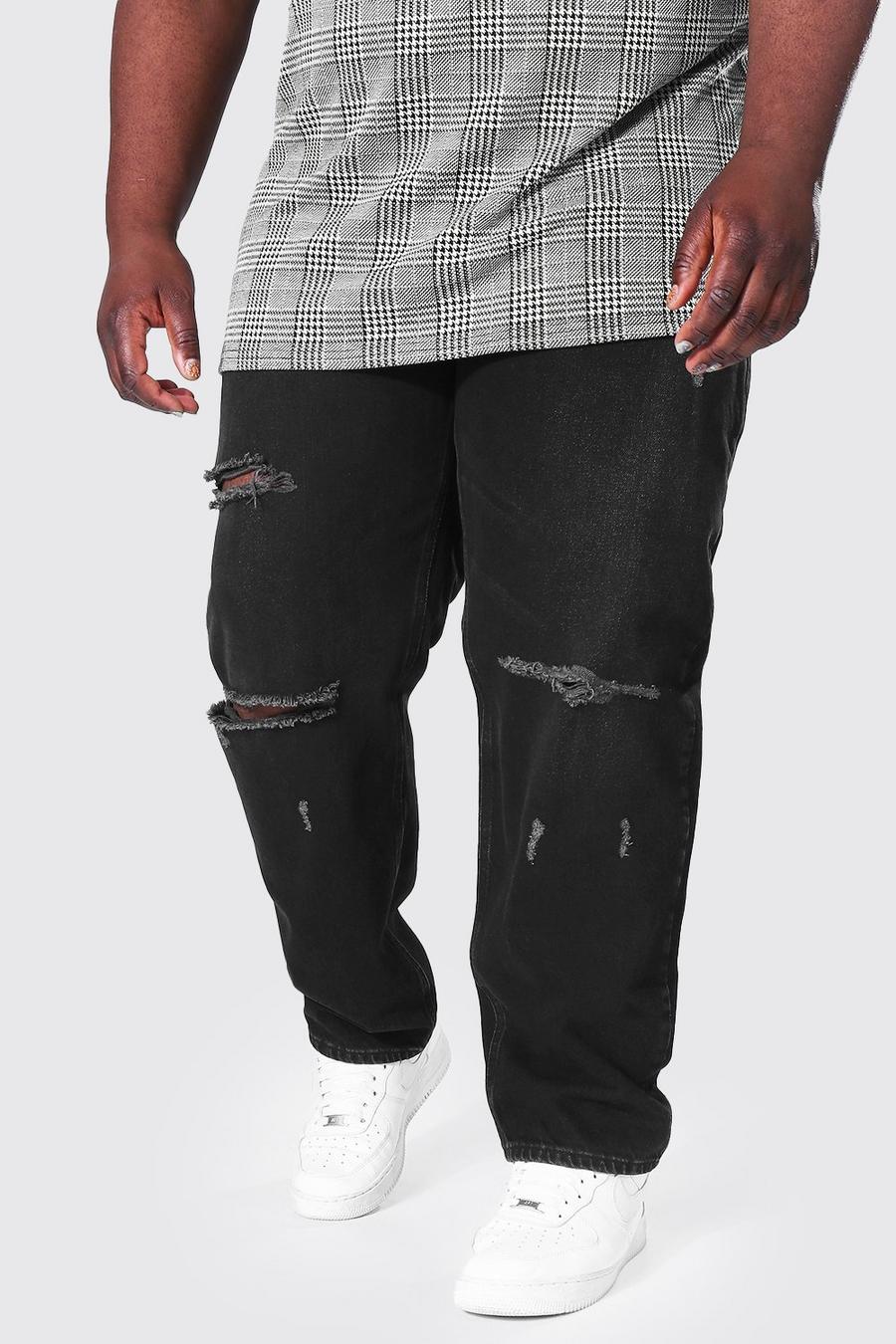 Plus Straight Leg Jeans mit gerissener Kniepartie, Verwaschenes schwarz image number 1