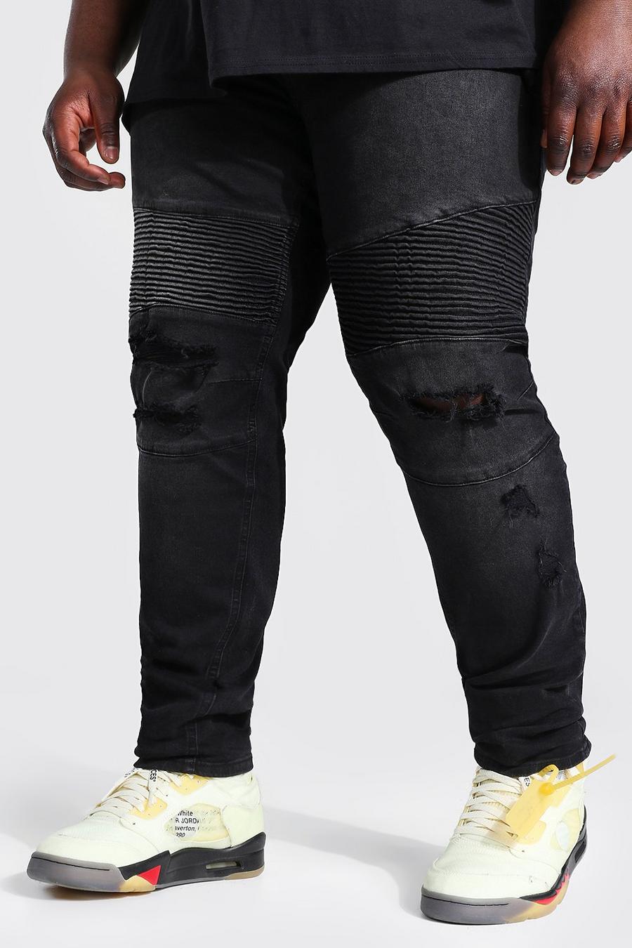 שחור דהוי סקיני ג'ינס אופנוענים עם שפשופים, מידות גדולות image number 1