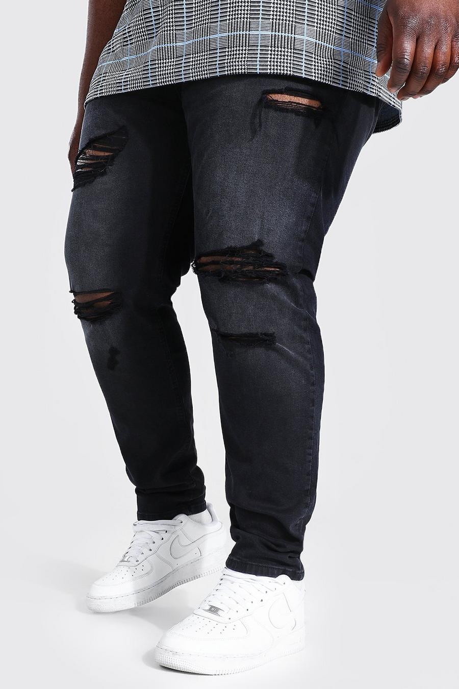 Jeans skinny elasticizzati con strappi e rattoppi Plus, Nero effetto lavato image number 1