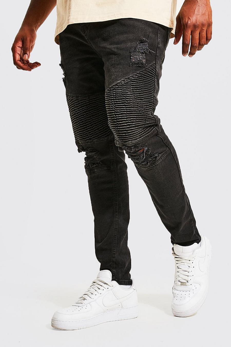 שחור דהוי ג'ינס אופנוענים סופר סקיני עם קרעים מרובים, מידות גדולות image number 1