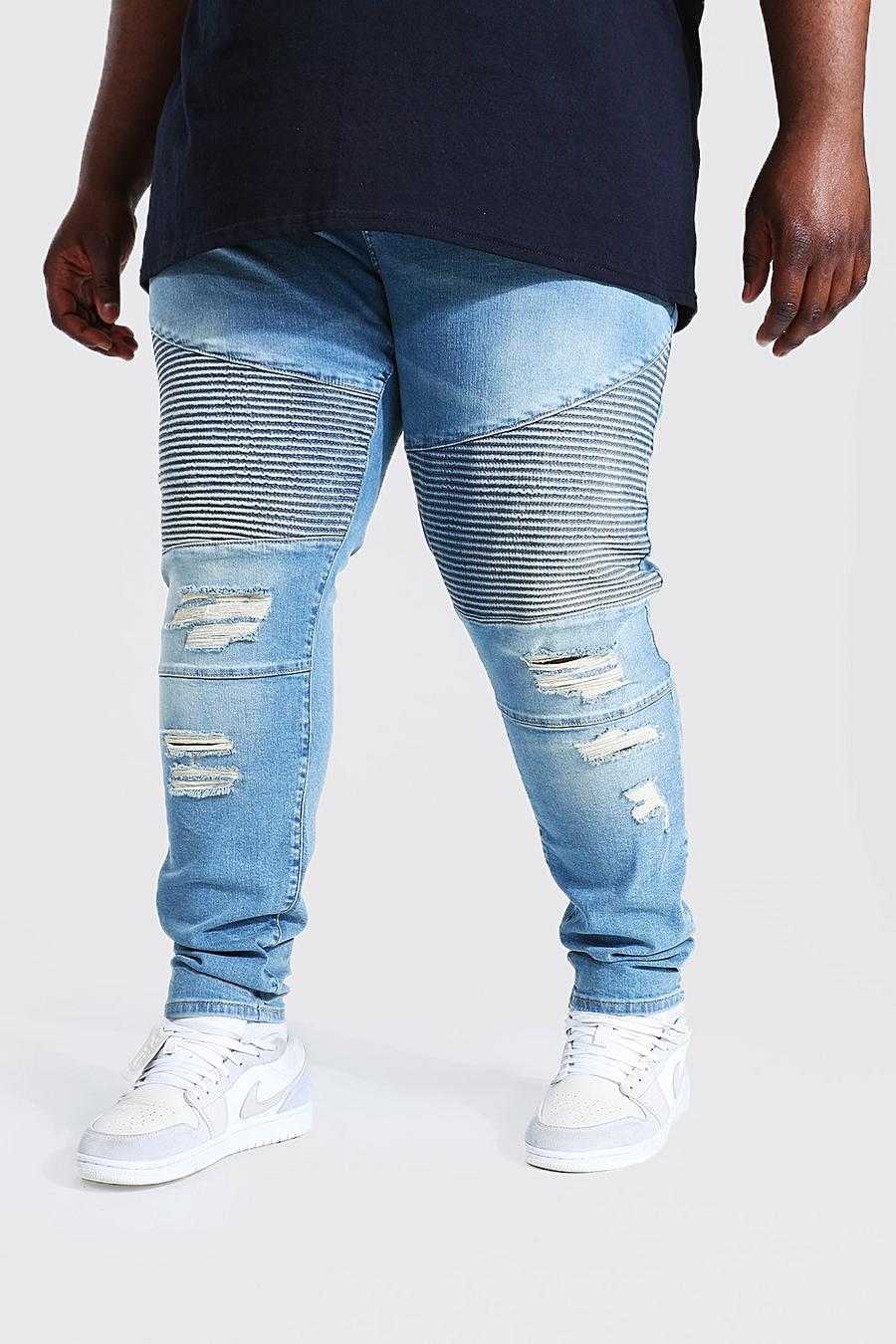 כחול עתיק ג'ינס סופר סקיני אופנוענים עם קרעים בברך, מידות גדולות image number 1