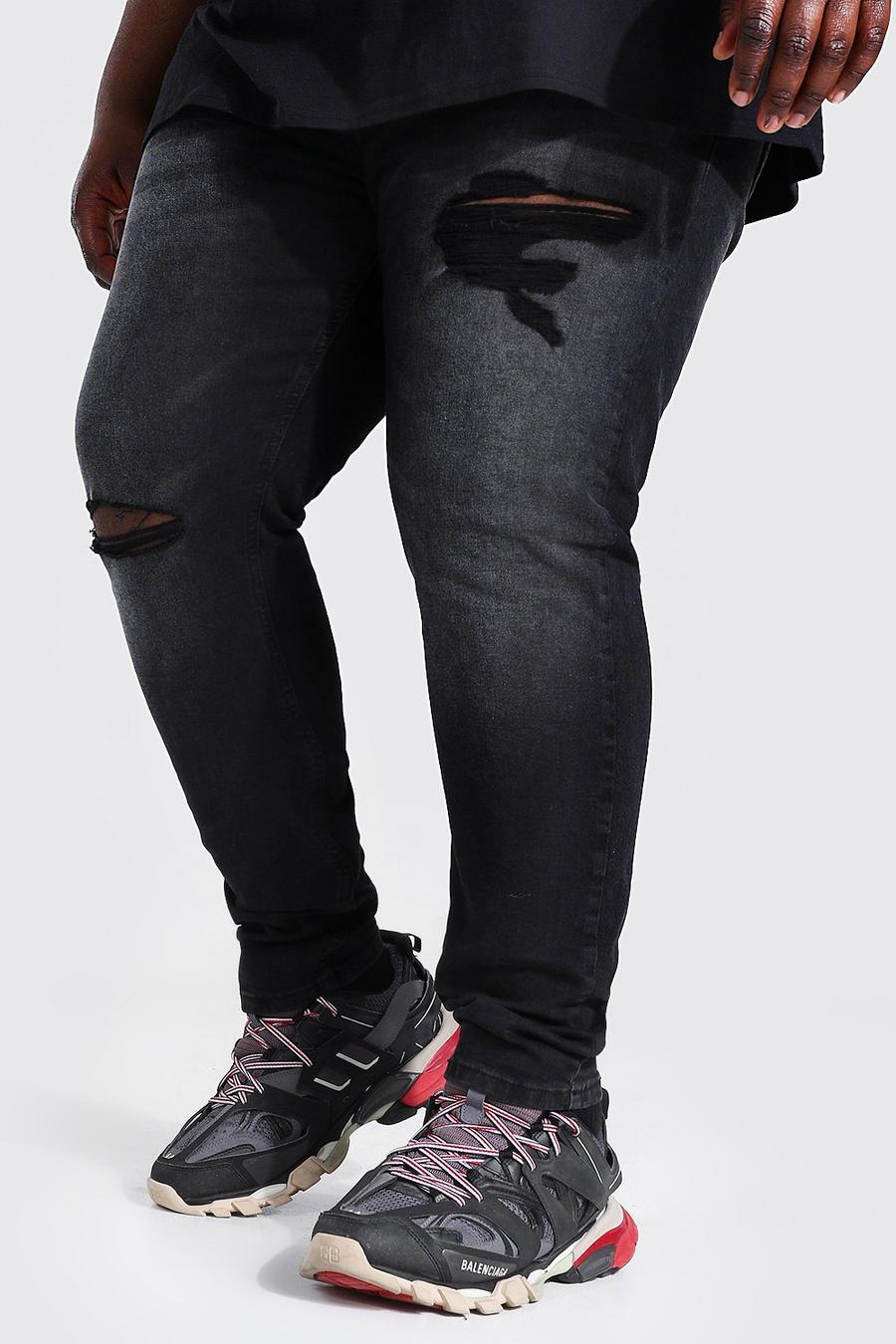 שחור דהוי ג'ינס אופנוענים סופר סקיני עם קרעים בברך, מידות גדולות image number 1