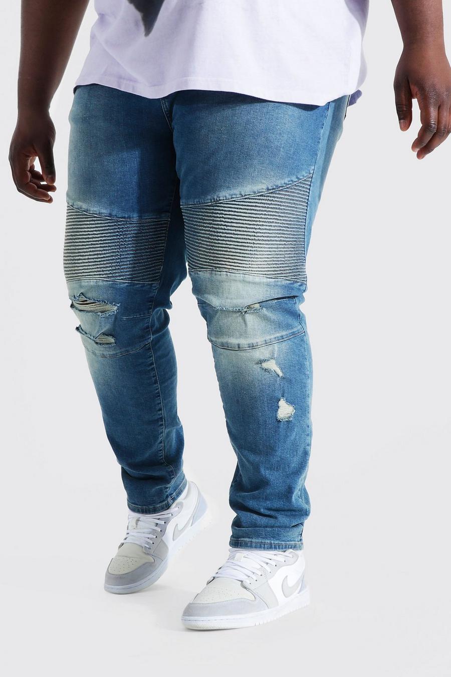 כחול עתיק סקיני ג'ינס אופנוענים עם שפשופים, מידות גדולות image number 1
