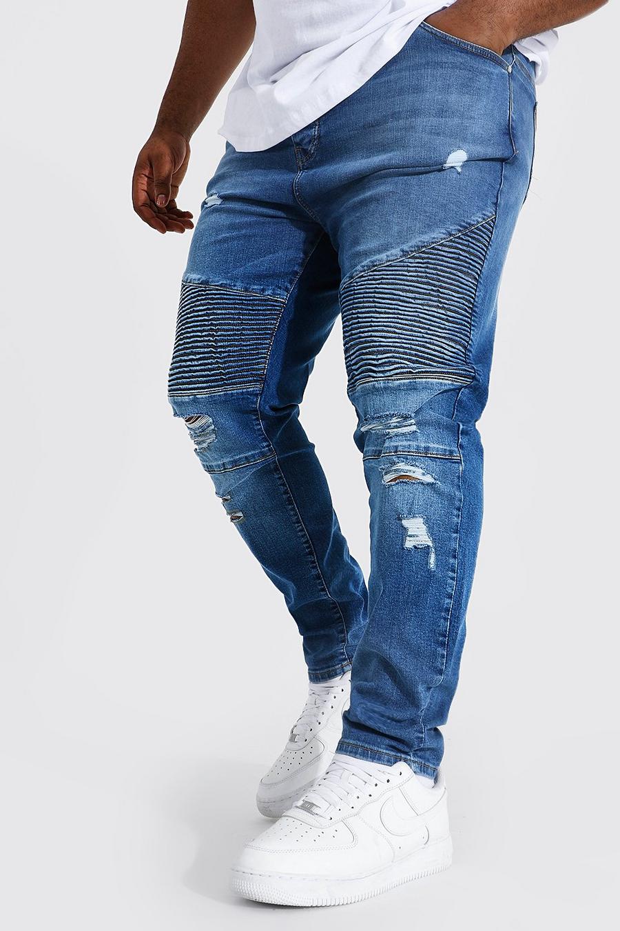 כחול ביניים ג'ינס סופר סקיני אופנוענים עם קרעים בברך, מידות גדולות image number 1