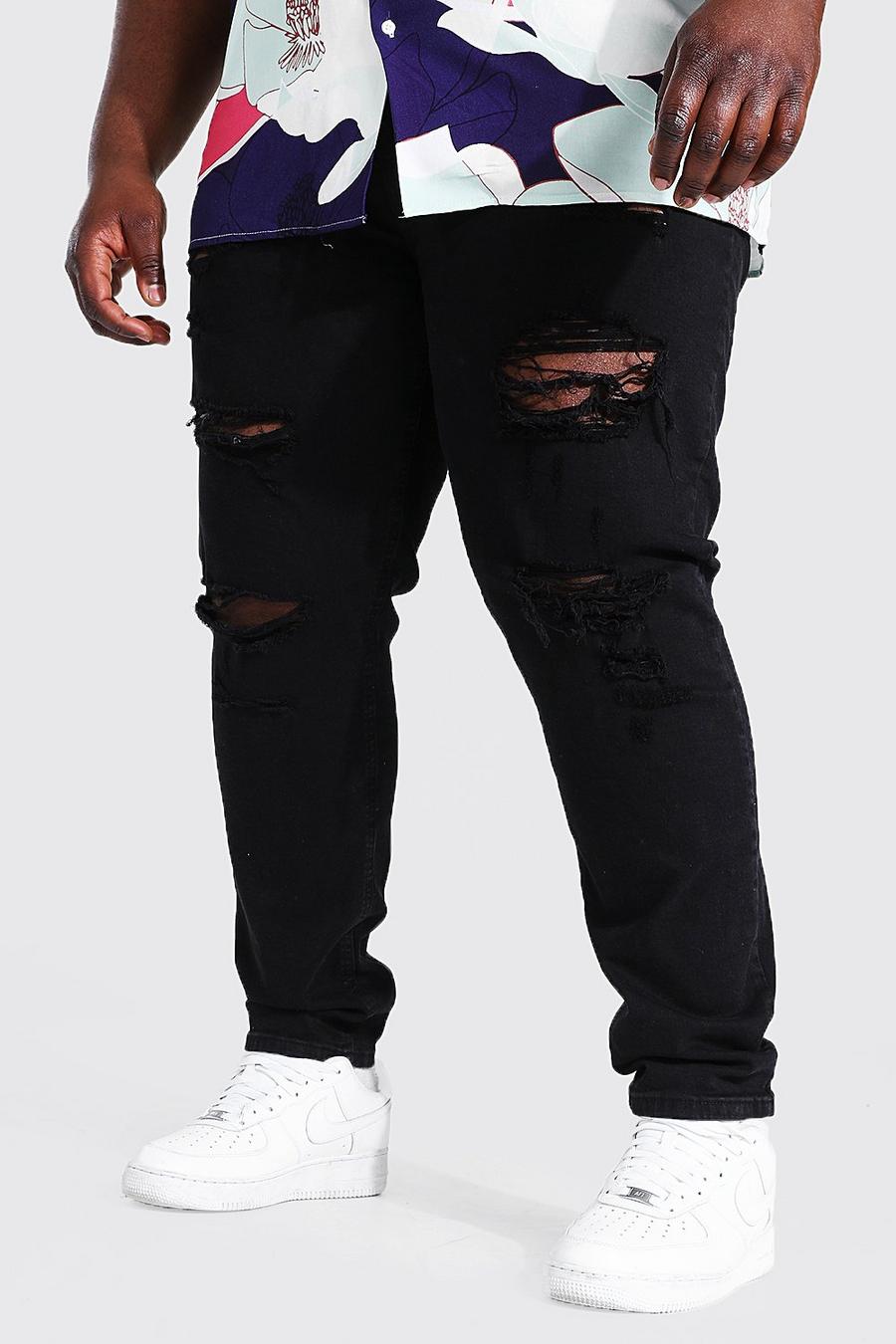 שחור דהוי סקיני ג'ינס מבד נמתח עם קרעים לכל האורך, מידות גדולות image number 1