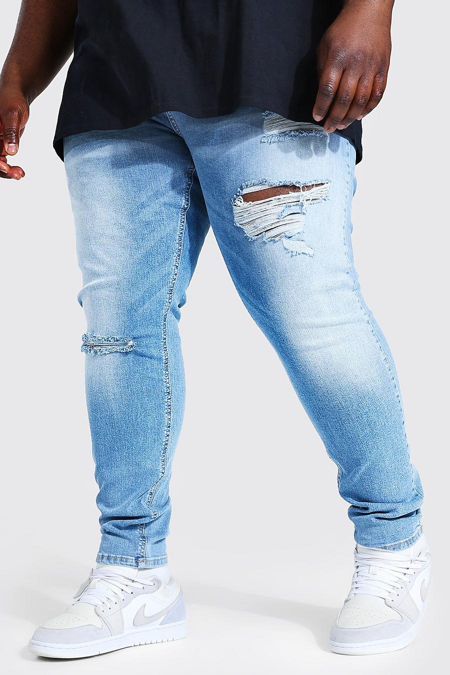 כחול בהיר ג'ינס אופנוענים סופר סקיני עם קרעים בברך, מידות גדולות image number 1