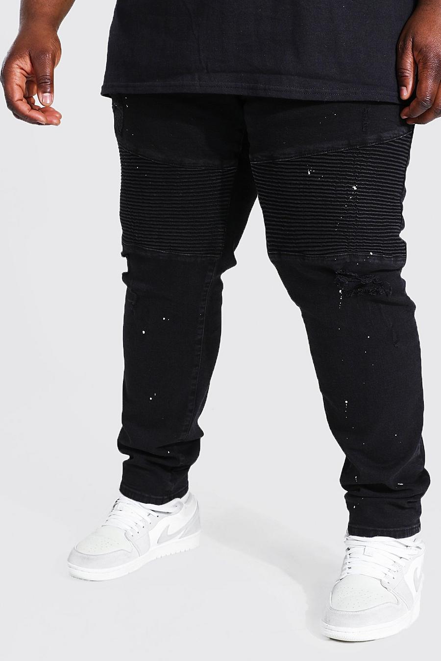 Jeans skinny in stile biker con stampa a schizzi di vernice Plus, Nero effetto lavato image number 1