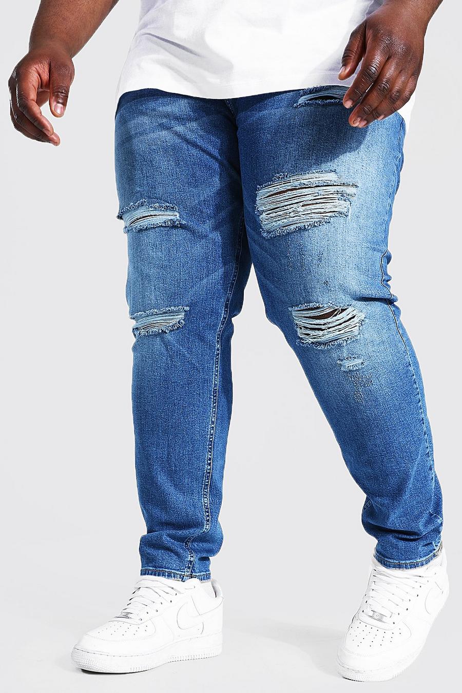 כחול ביניים סקיני ג'ינס מבד נמתח עם קרעים מרובים, מידות גדולות image number 1