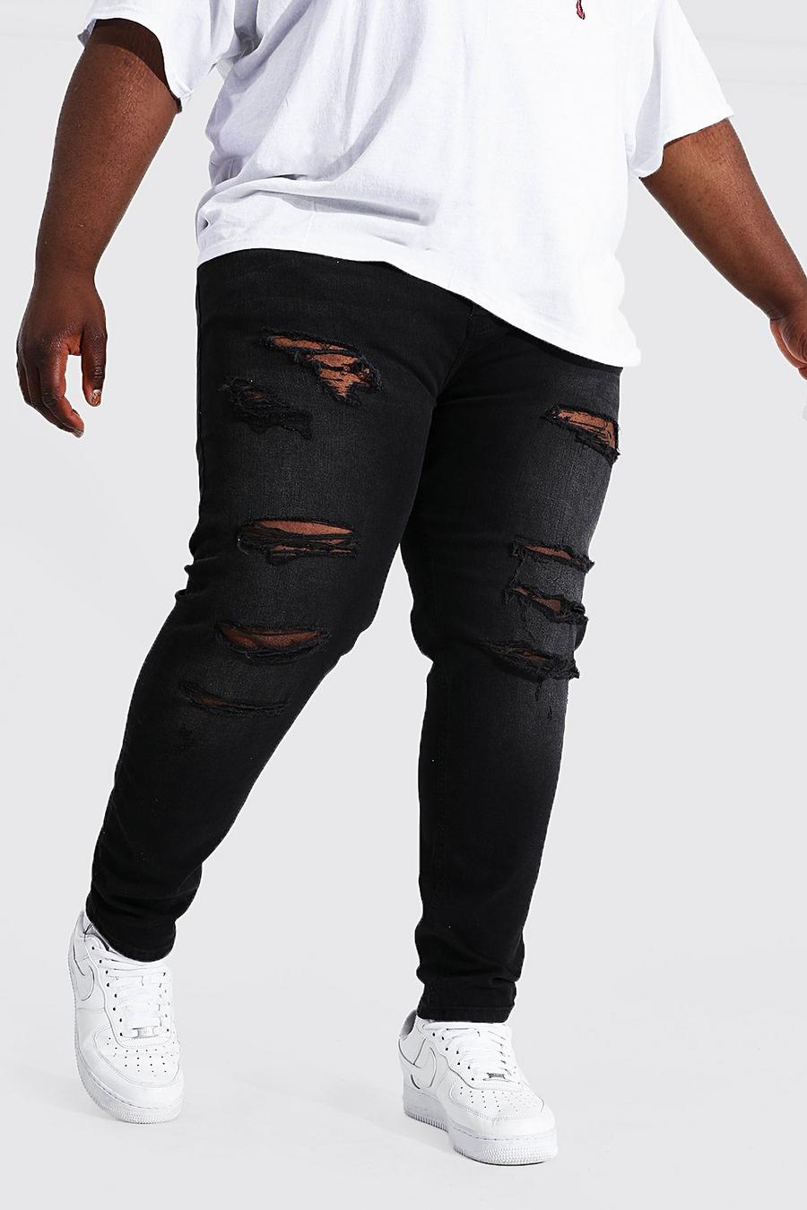 שחור אמיתי סקיני ג'ינס עם קרעים מרובים וקרע גדול בברך, מידות גדולות