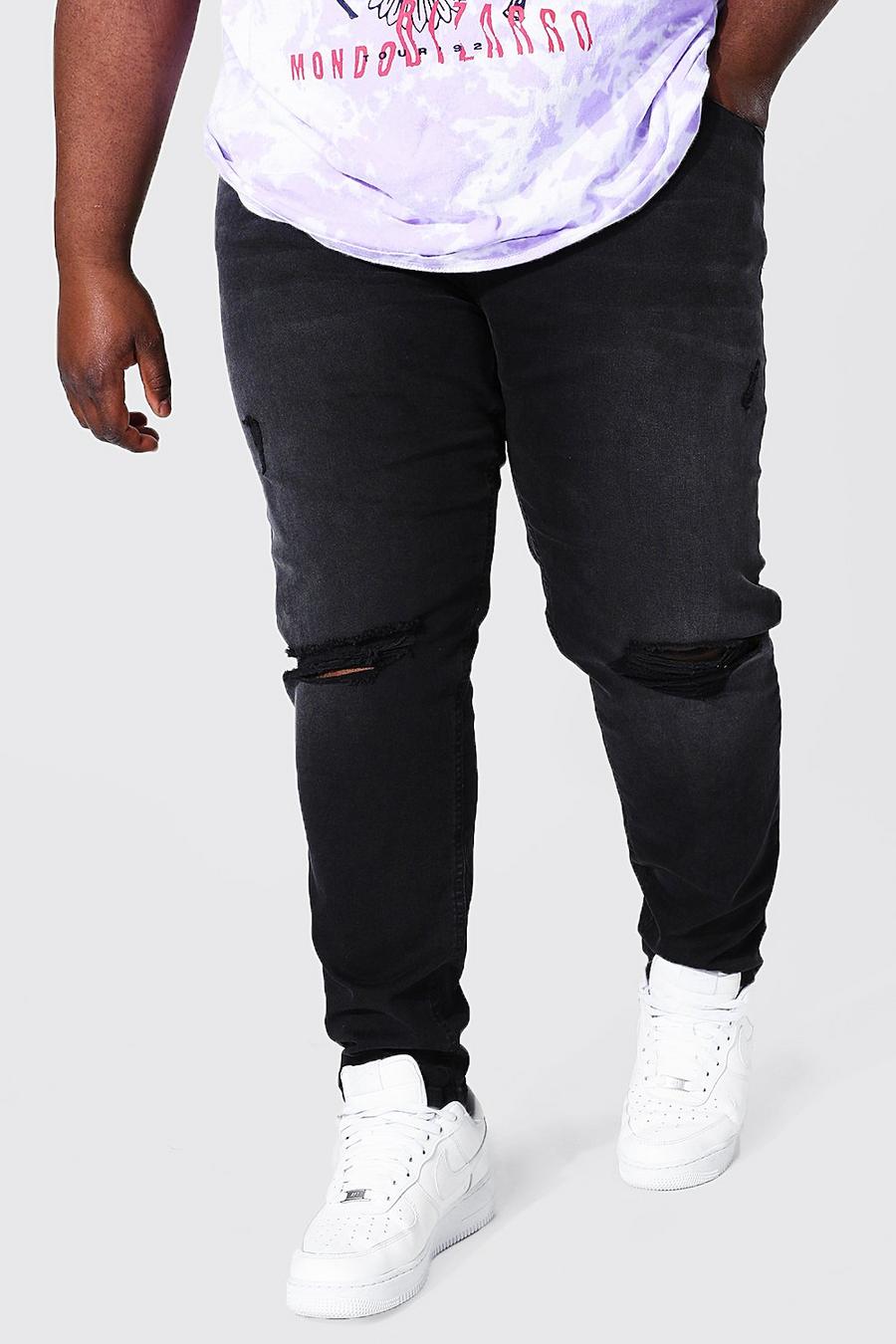שחור דהוי סקיני ג'ינס מבד נמתח עם קרעים גדולים בברך, מידות גדולות image number 1