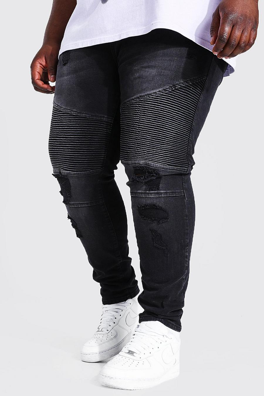 Washed black Plus - Super skinny jeans med bikerdetaljer och slitage image number 1
