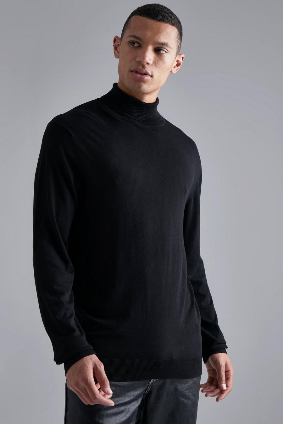 שחור סוודר בגזרה רגילה מבד ממוחזר עם צווארון נגלל, לגברים גבוהים image number 1
