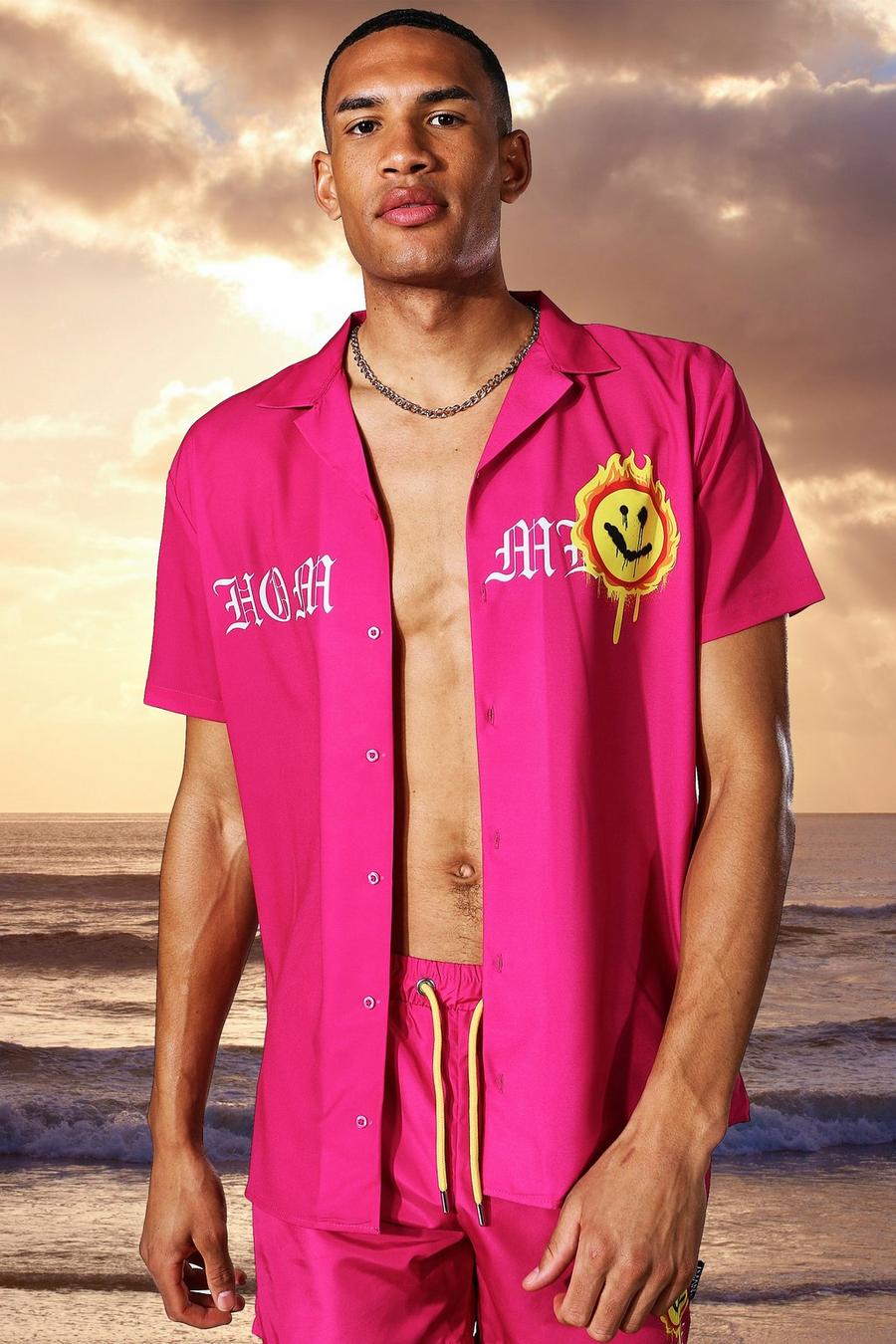 Fuchsia Tall Oversized Short Sleeve Homme Print Shirt image number 1