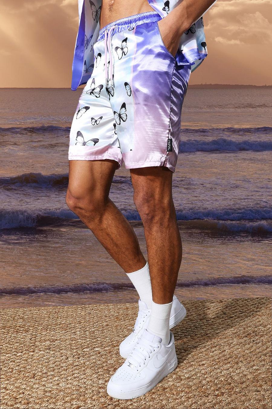 Light blue Tall - Mellanlånga mönstrade shorts i satin image number 1