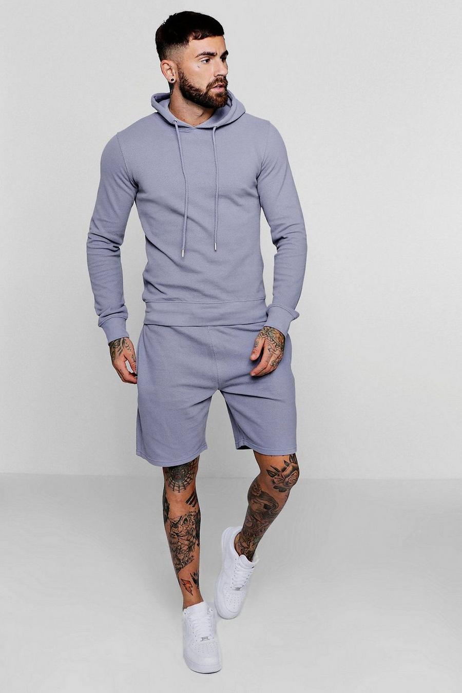 Blue Träningsoverall med hoodie och shorts i pikétyg image number 1