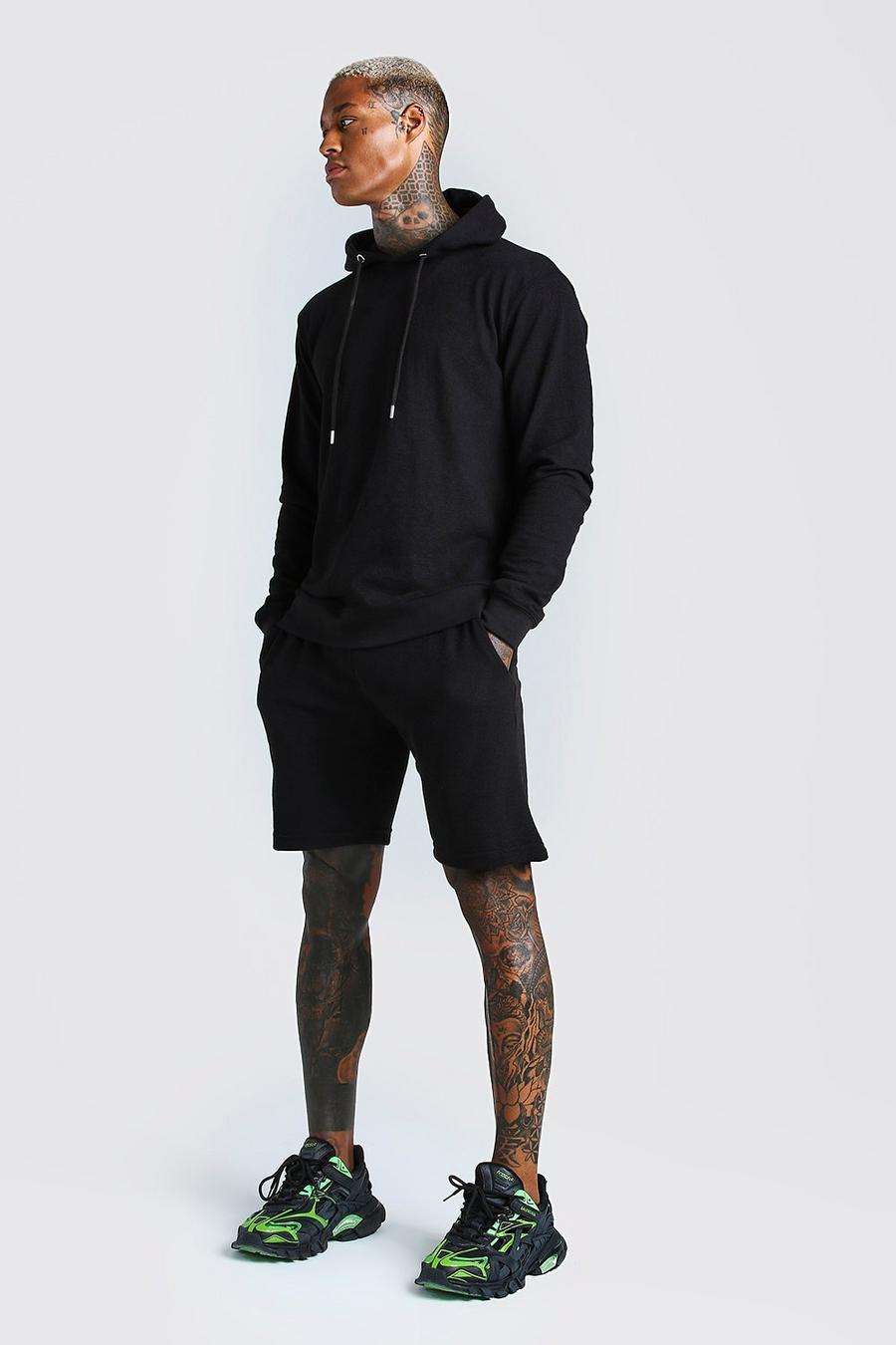 Black Pique Over The Head Hoodie And Short Tracksuit image number 1