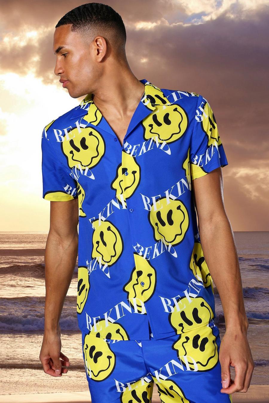 Cobalt Tall Short Sleeve Revere Happy Face Print Shirt image number 1