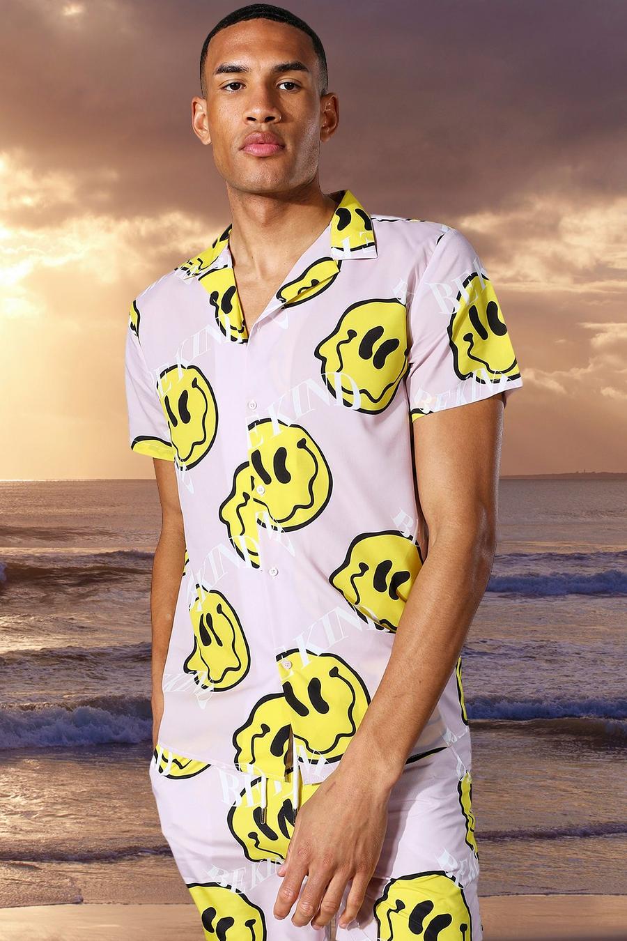 Tall Kurzärmliges Shirt mit Reverskragen und Happy Face-Print, Hellrosa image number 1