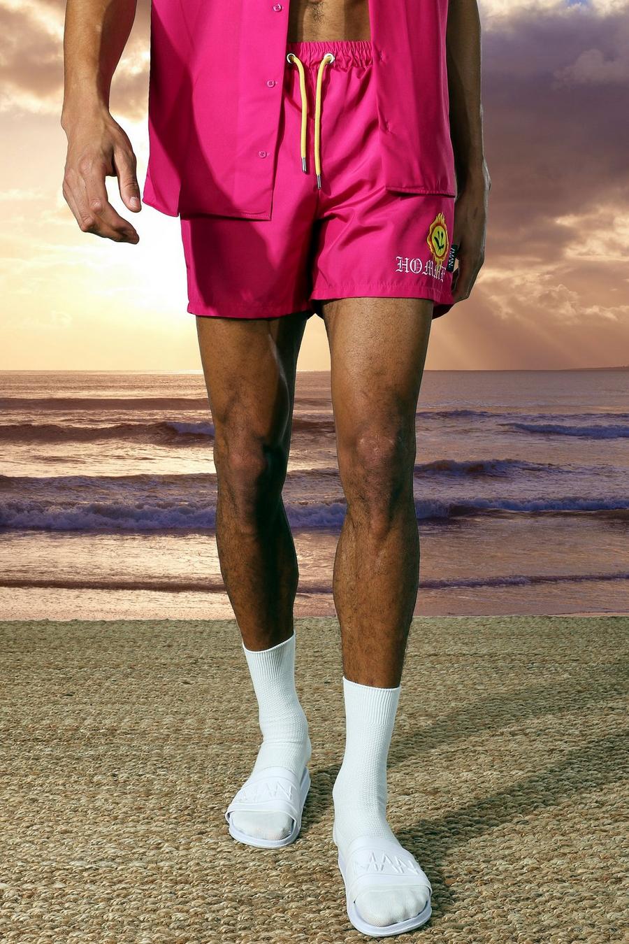 Fuchsia Tall Short Length Homme Print Swim Shorts image number 1