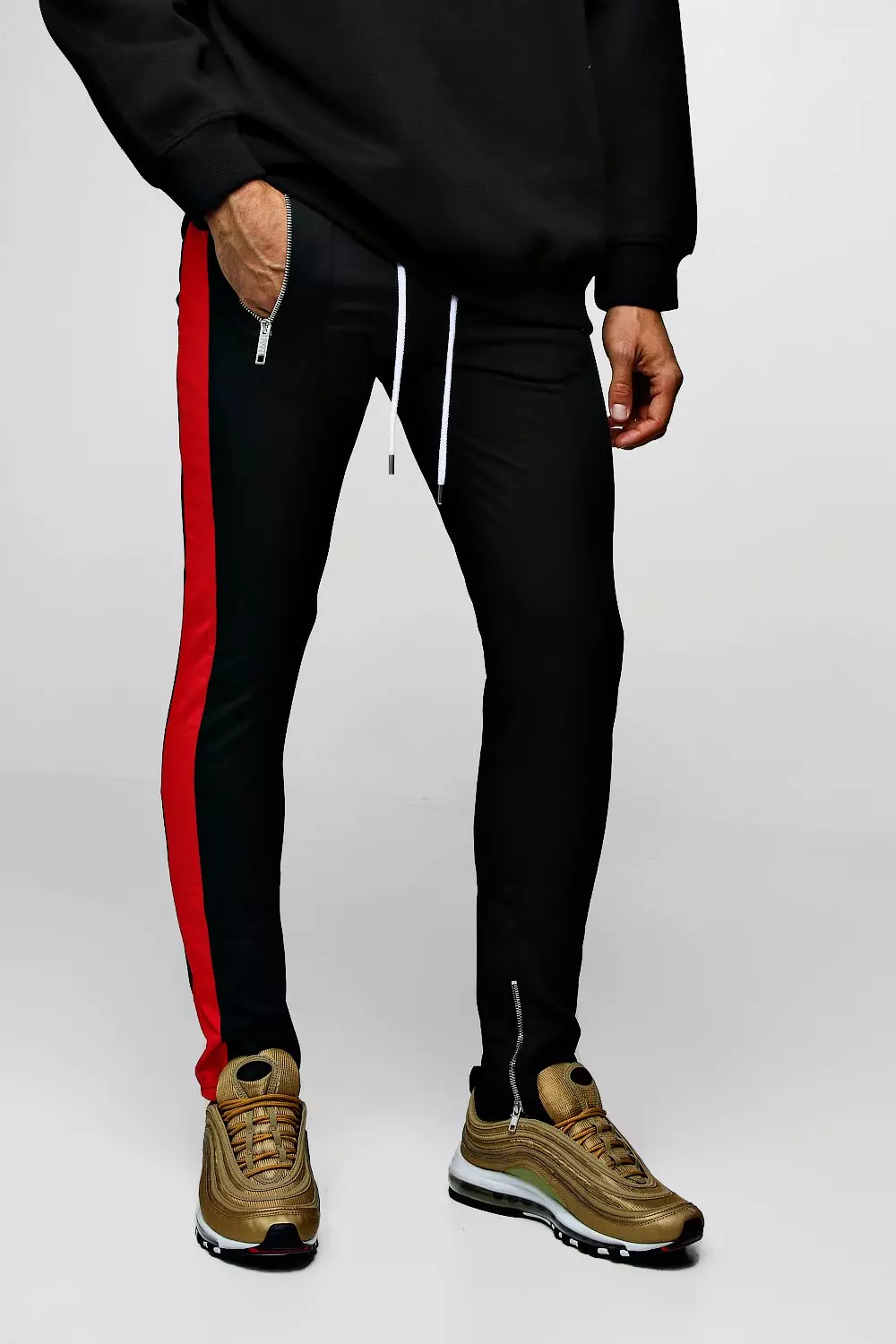 Mens black joggers hot sale with red stripe