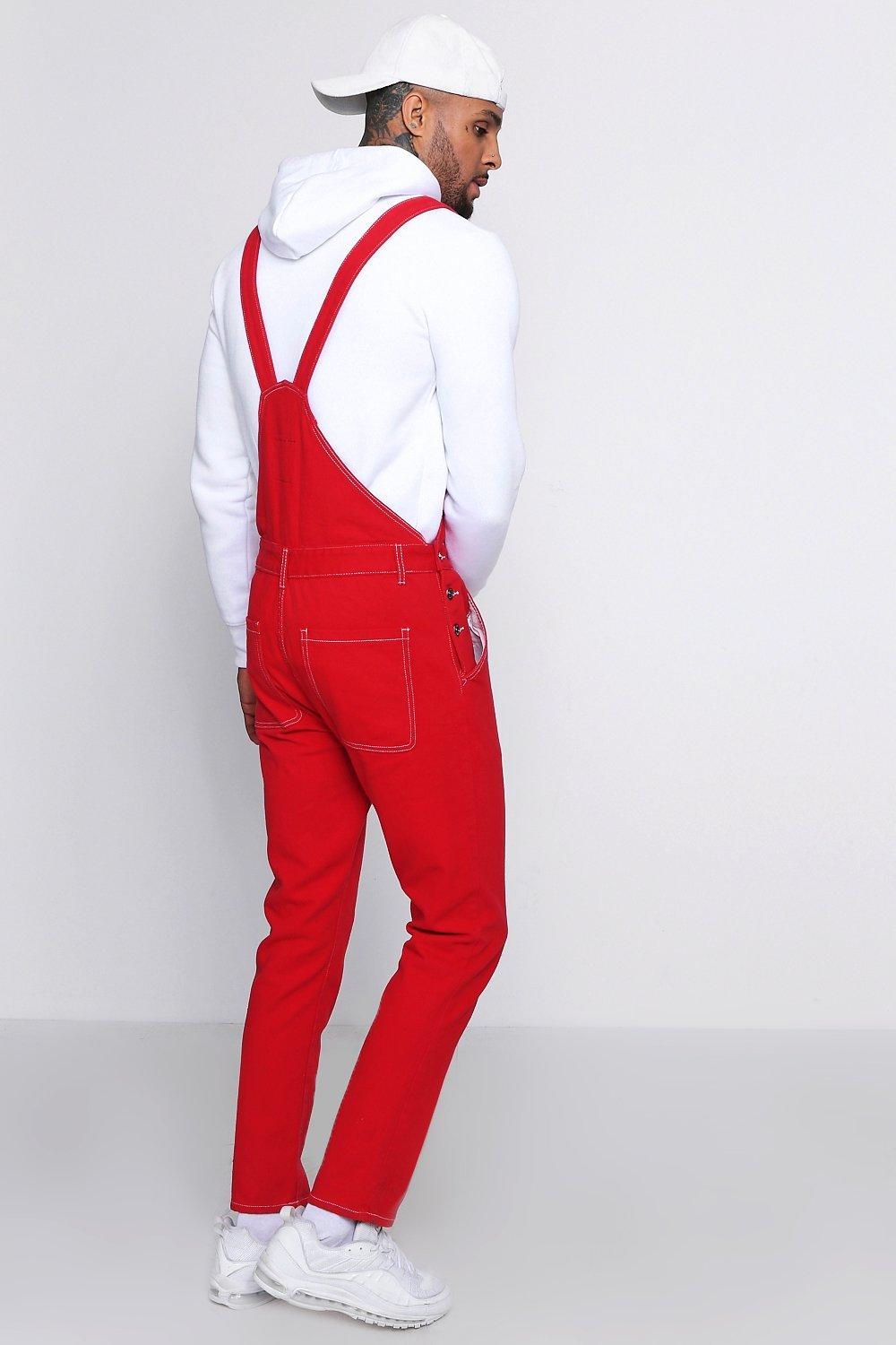red denim overalls