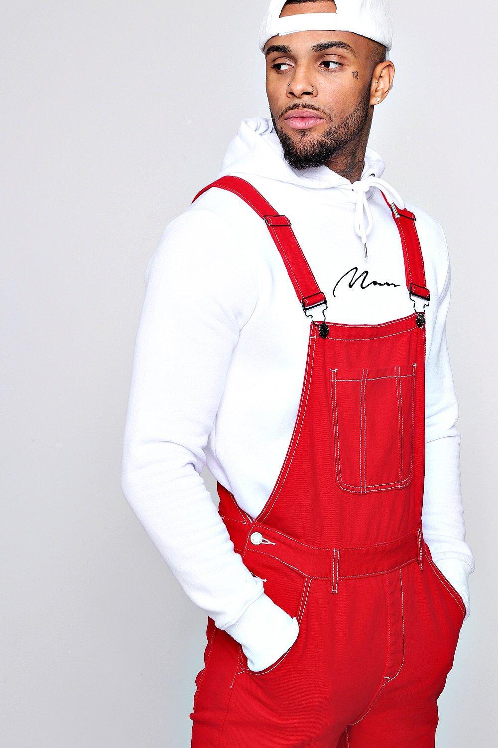 familie Flere Massage Men's Skinny Fit Red Denim Overalls | boohoo