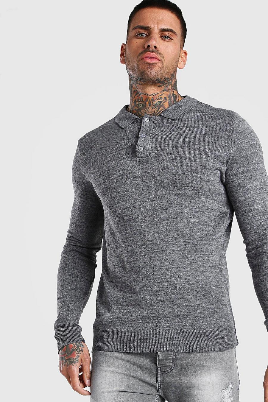 Grey Regular Long Sleeve Knitted Polo image number 1