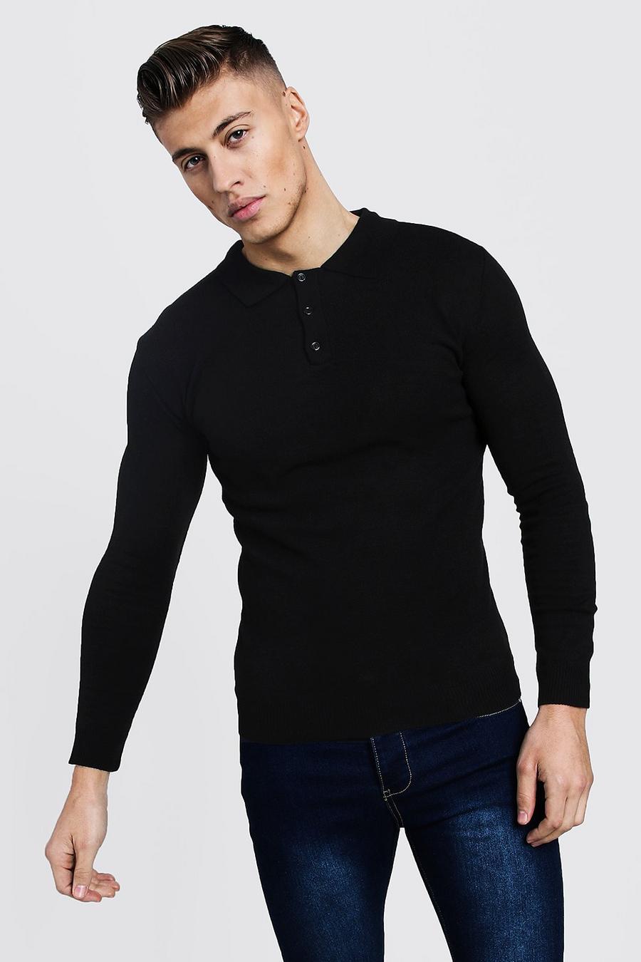 Langärmeliges Poloshirt aus Strick in Regular Fit, Schwarz image number 1