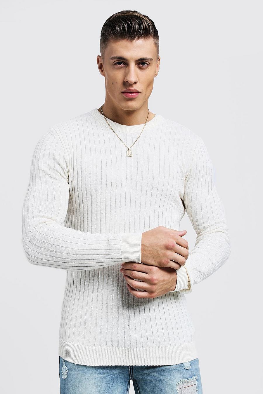 Ecru Muscle Fit Ribbed Crew Neck Sweater image number 1