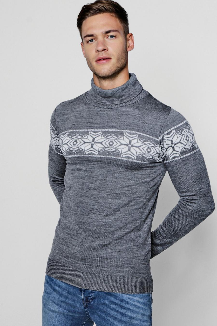 Grey Fairisle Turtleneck Christmas Sweater image number 1