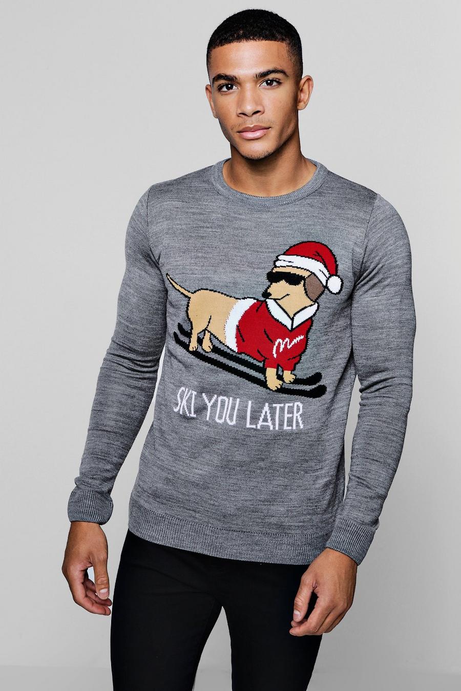 Grey Ski Dachshund Christmas Sweater image number 1