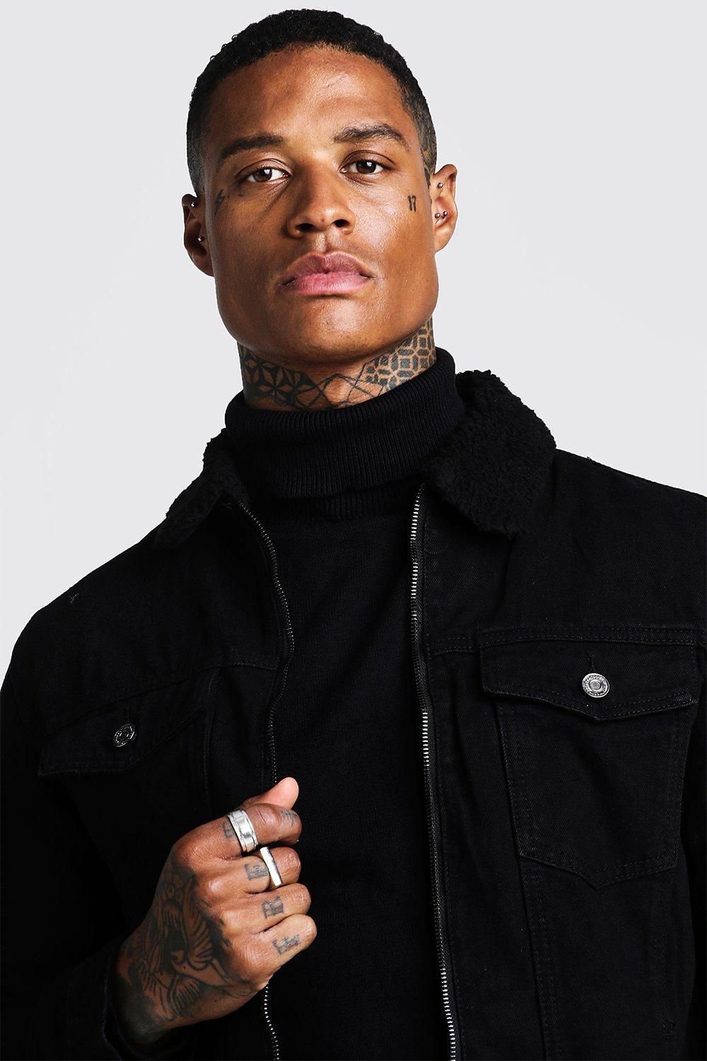 Mens black denim on sale jacket with borg collar