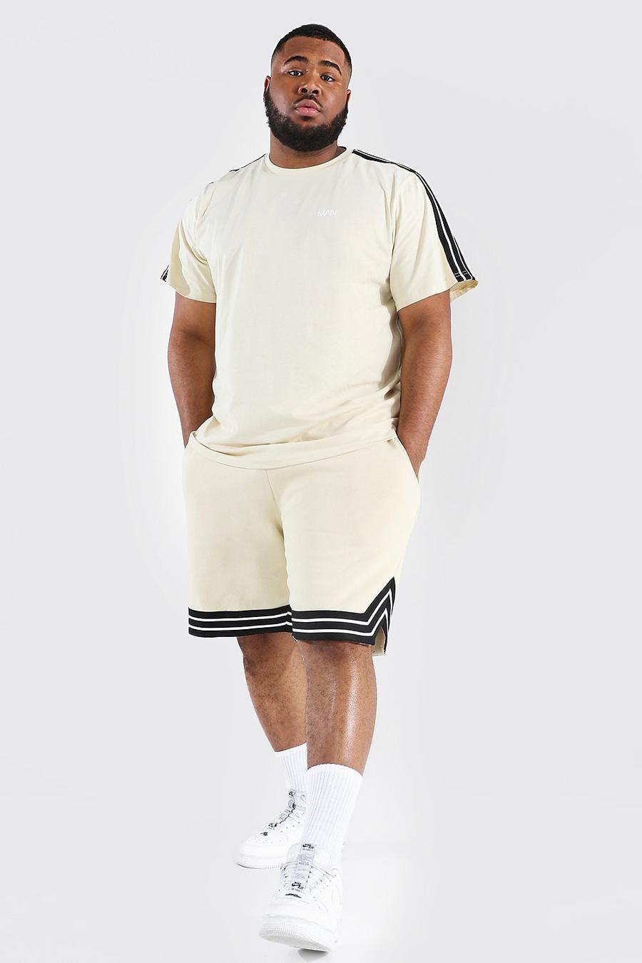 Set Plus Size T-shirt con striscia Man & pantaloncini da basket, Sand image number 1