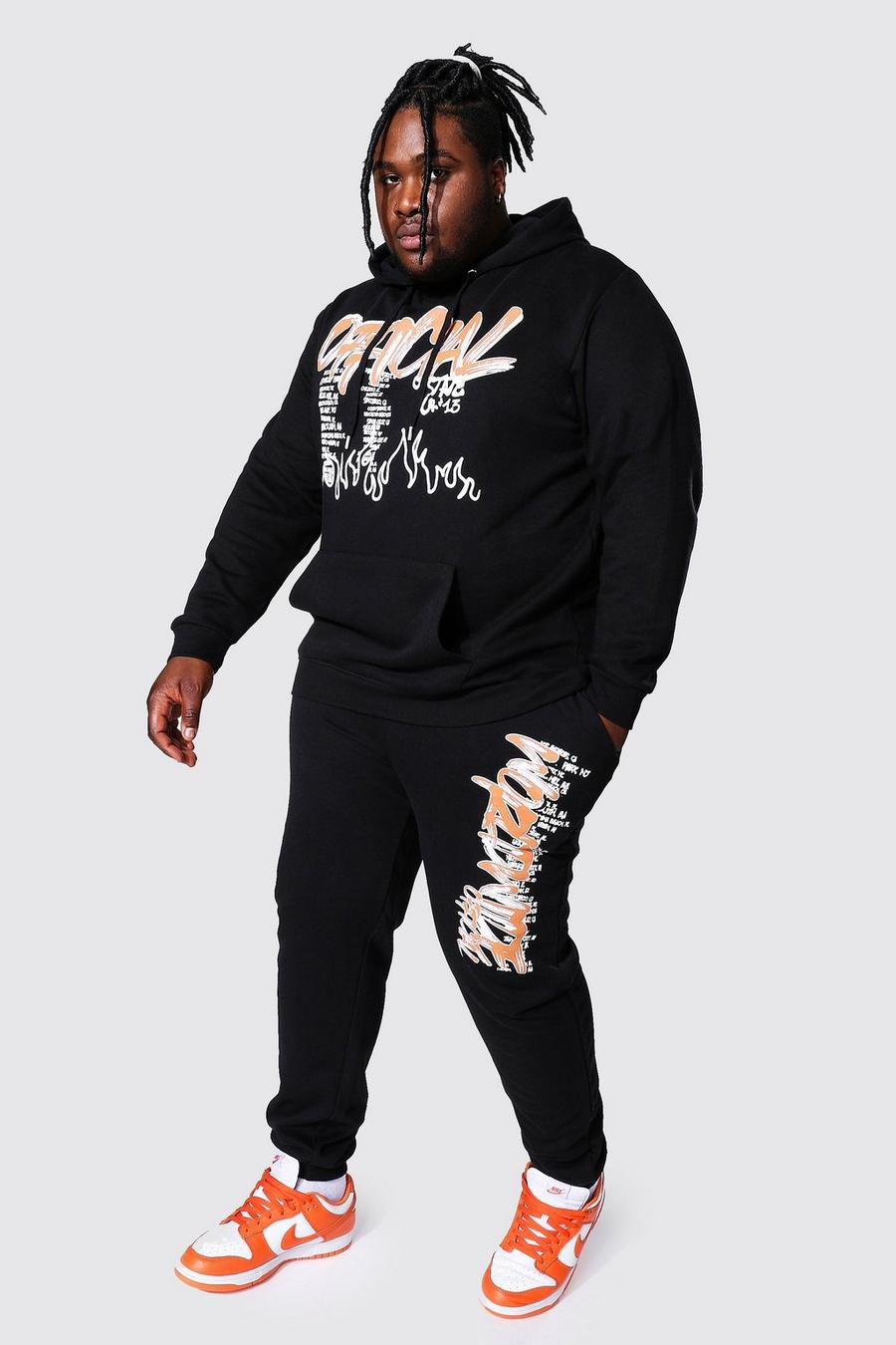 Black Plus Size Official Graffiti Hooded Tracksuit image number 1