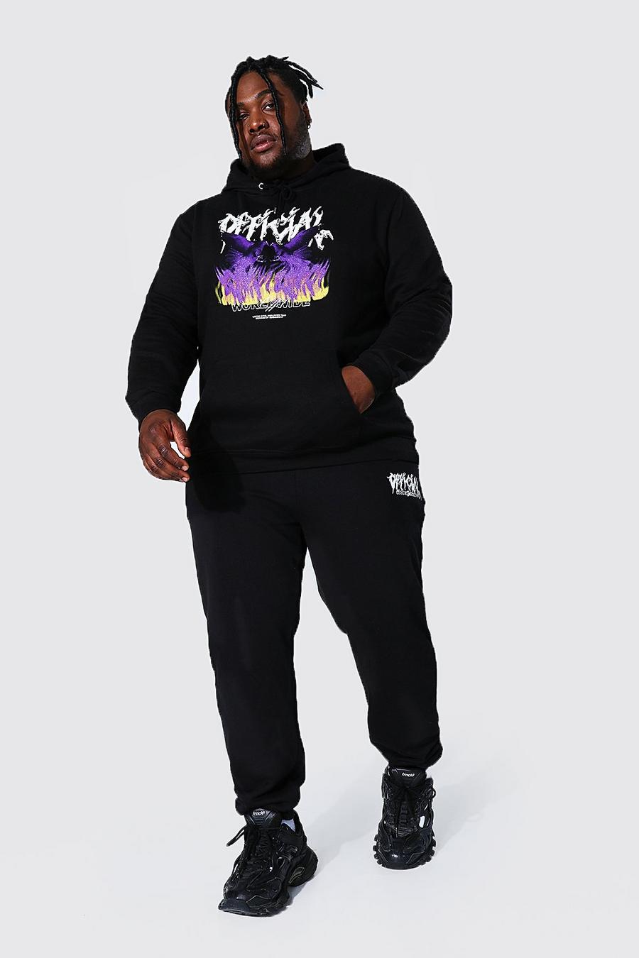 Black Plus Size Official Flames Hooded Tracksuit image number 1