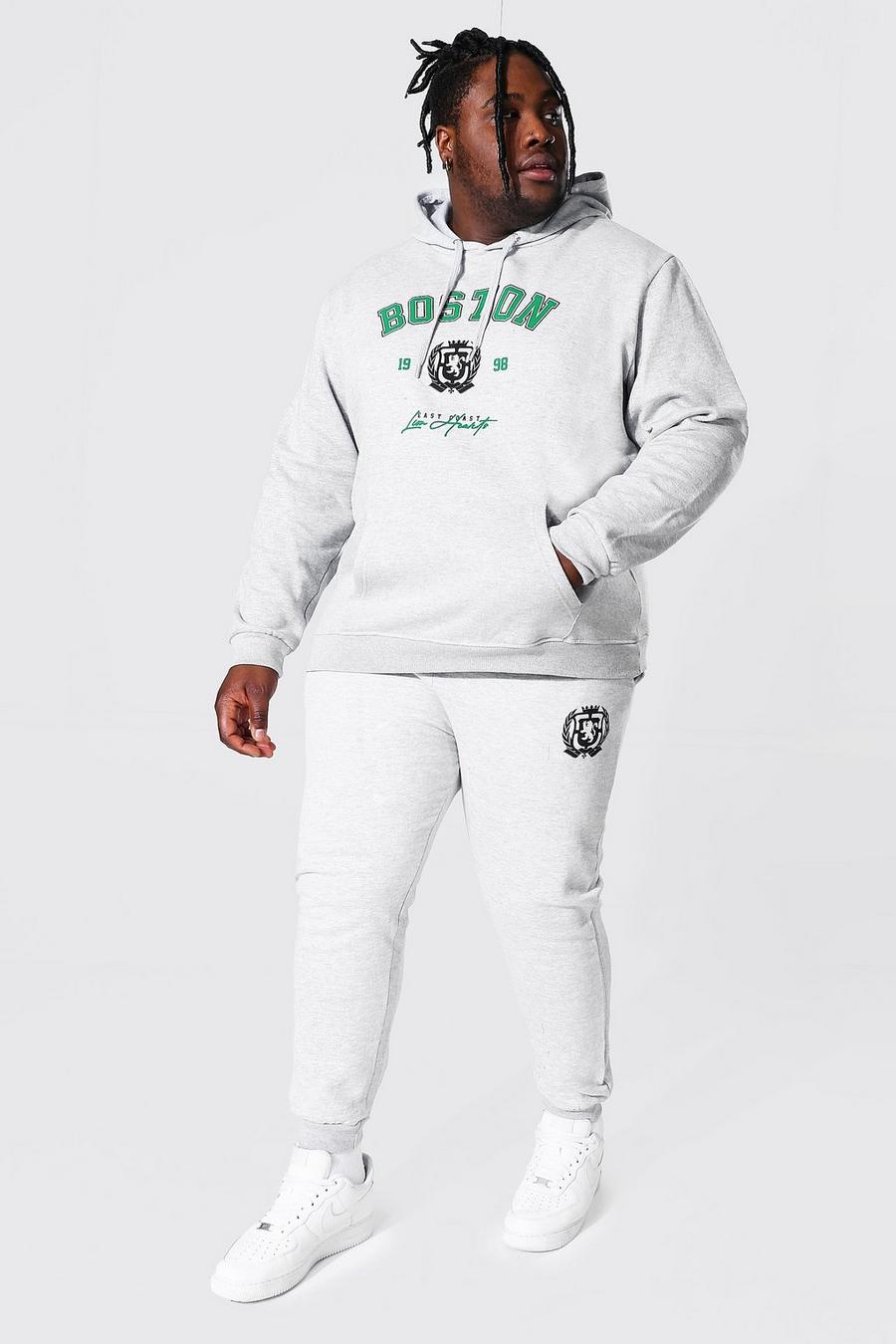 סלע אפור חליפת טרנינג Boston בסגנון נבחרת ספורט עם קפוצ'ון, מידות גדולות image number 1