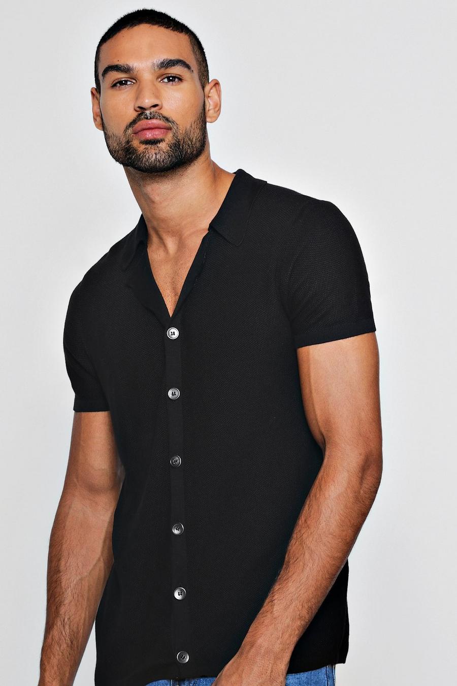 Chemise tricotée à boutons et col tailleur, Noir image number 1