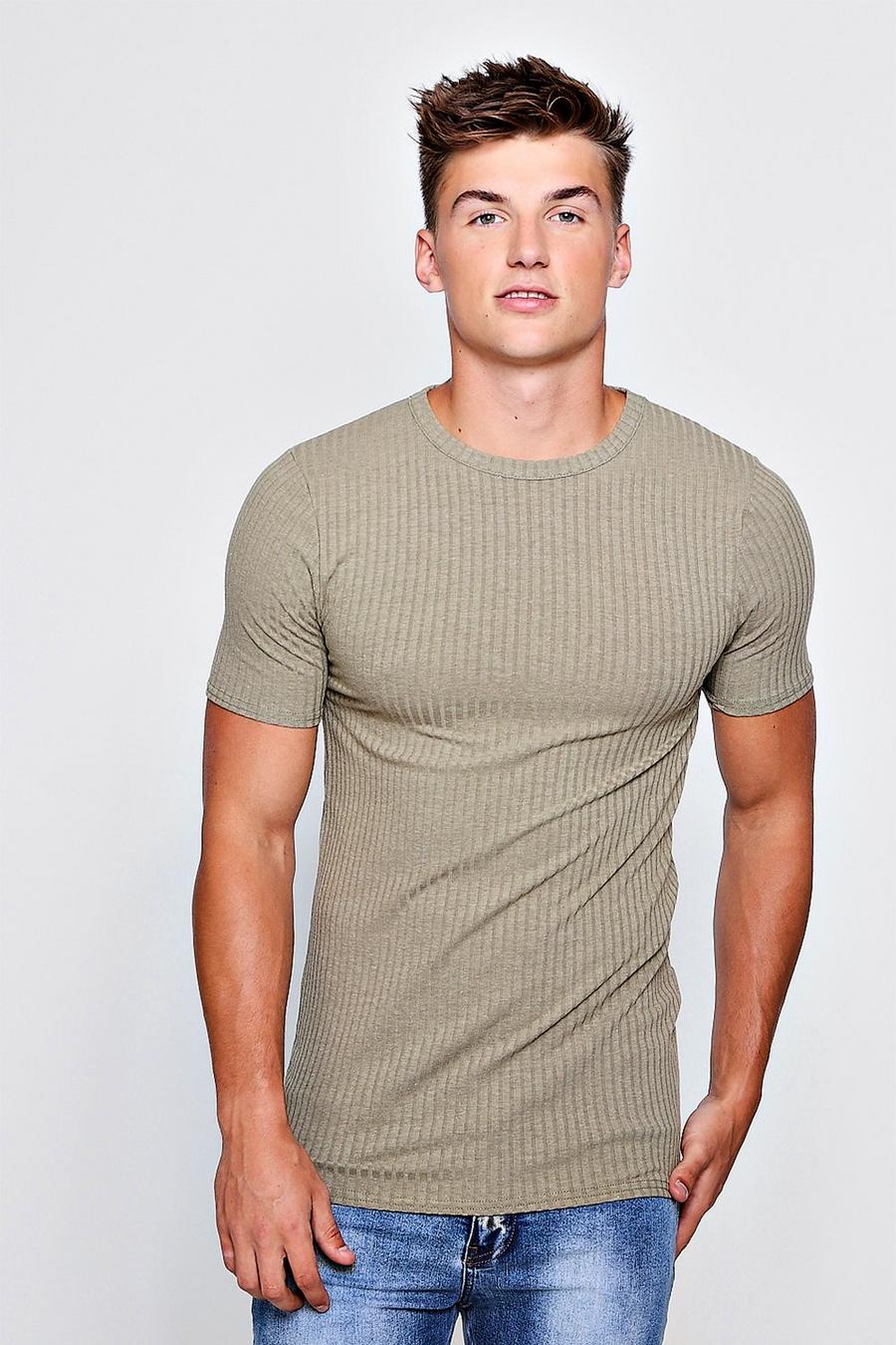 Khaki Muscle Fit Ribbed T-Shirt image number 1