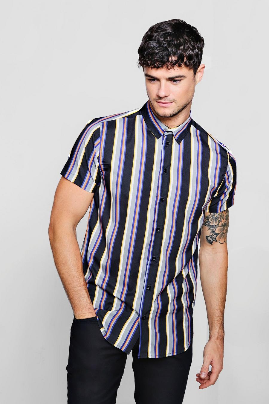 Black Vertical Stripe Crepe Short Sleeve Shirt image number 1