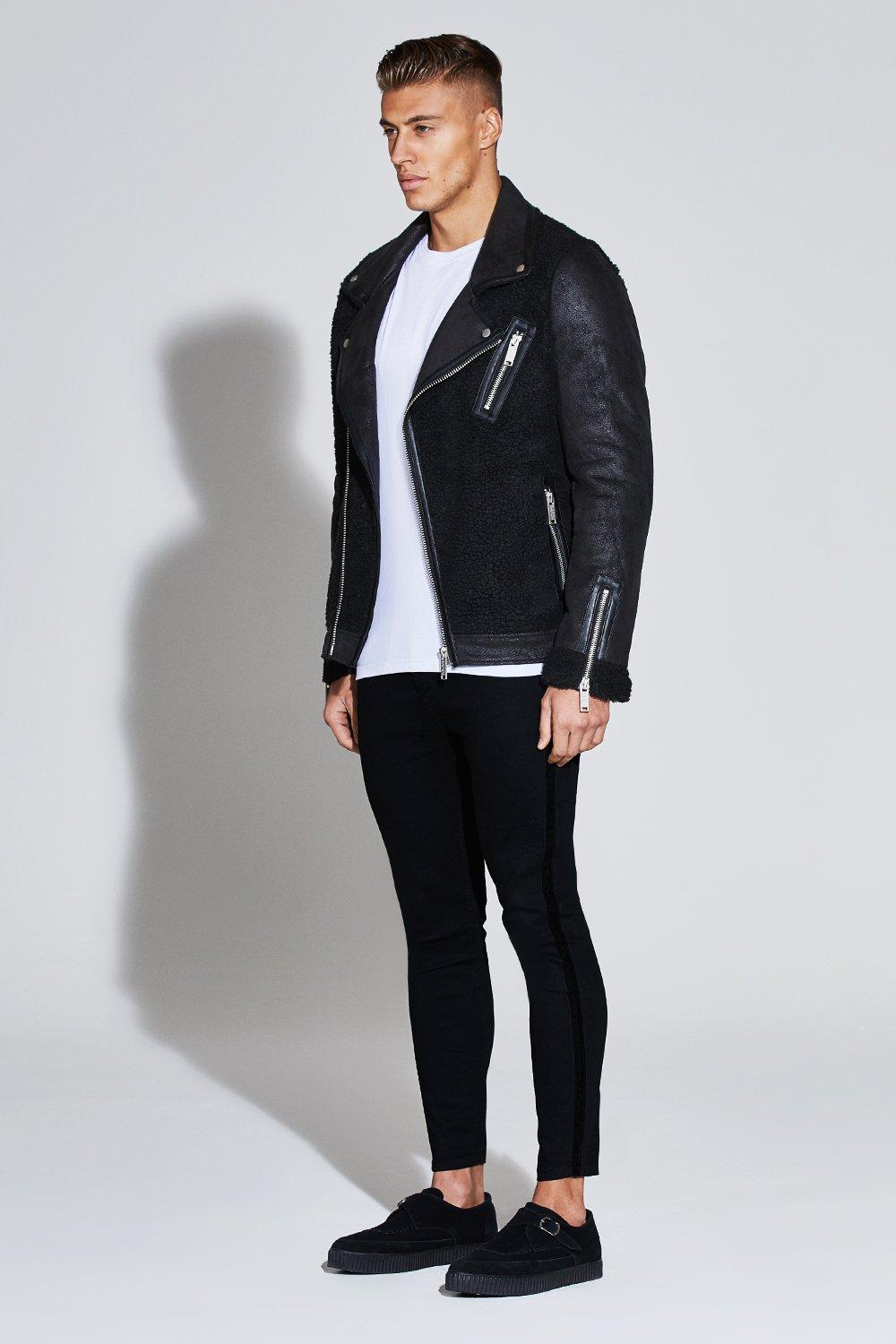 Premium Oversized Borg Panel Biker Jacket boohoo NO