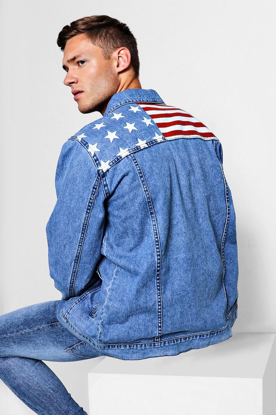Jeansjacke mit amerikanischem Flaggen-Print, Mittelblau image number 1