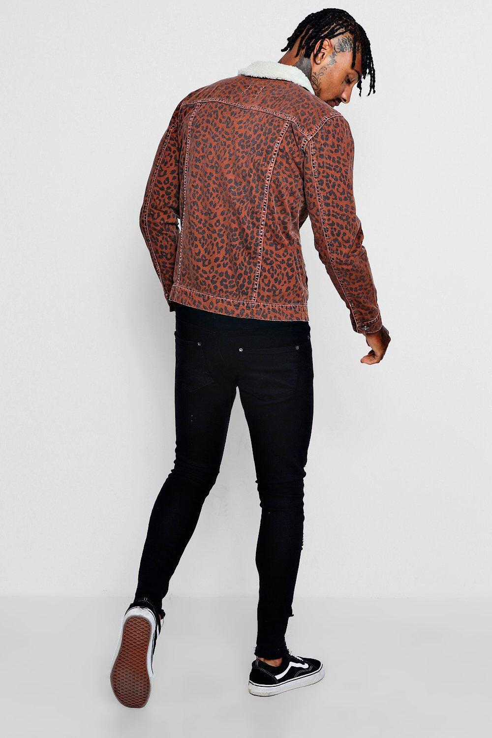 Borg Collar Leopard Denim Jacket boohoo