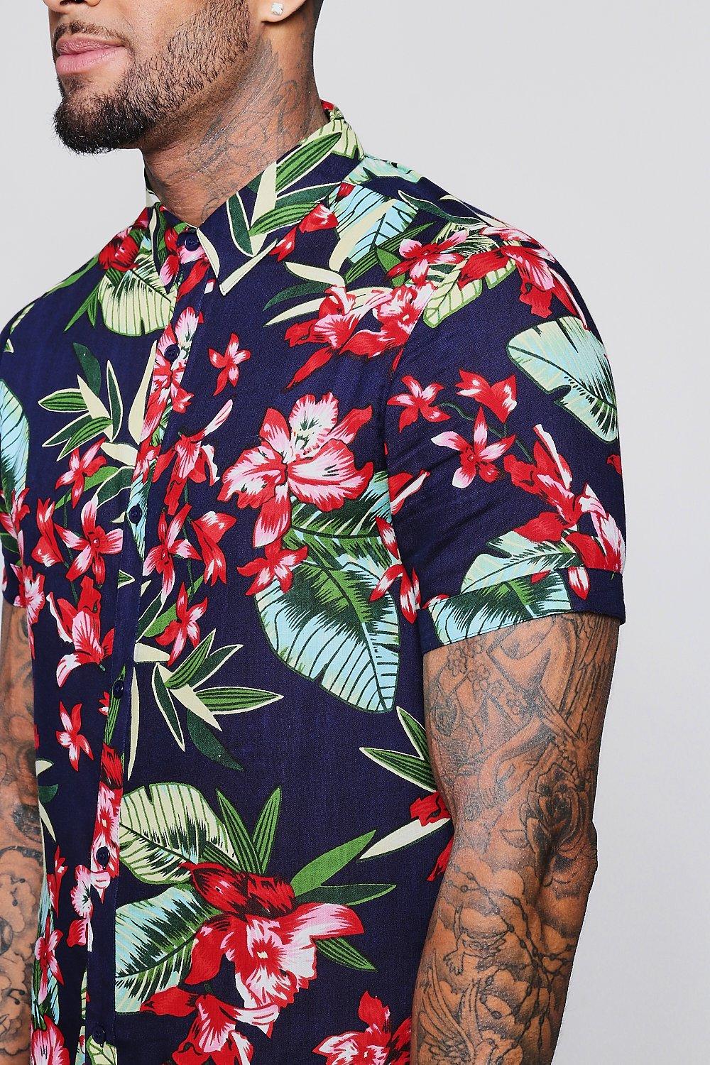 Navy Flower Print Short Sleeve Casual Shirt