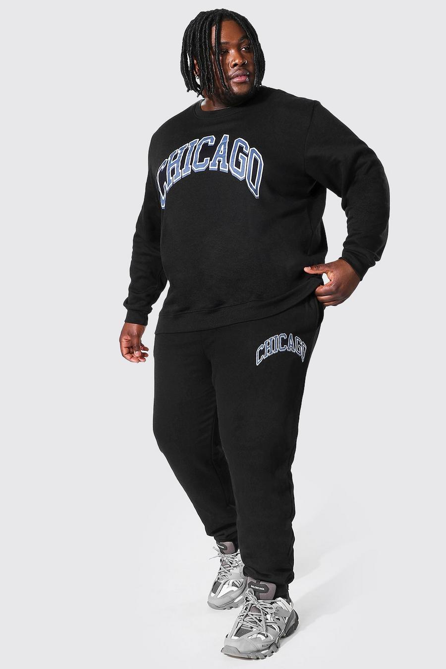 שחור חליפת טרנינג סווטשירט עם כיתוב Chicago בסגנון נבחרת ספורט למידות גדולות image number 1