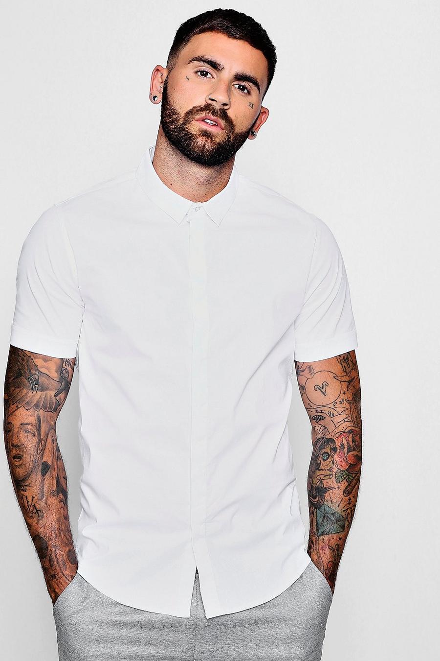 Camisa elástica de manga larga y algodón ajustada al músculo, White image number 1