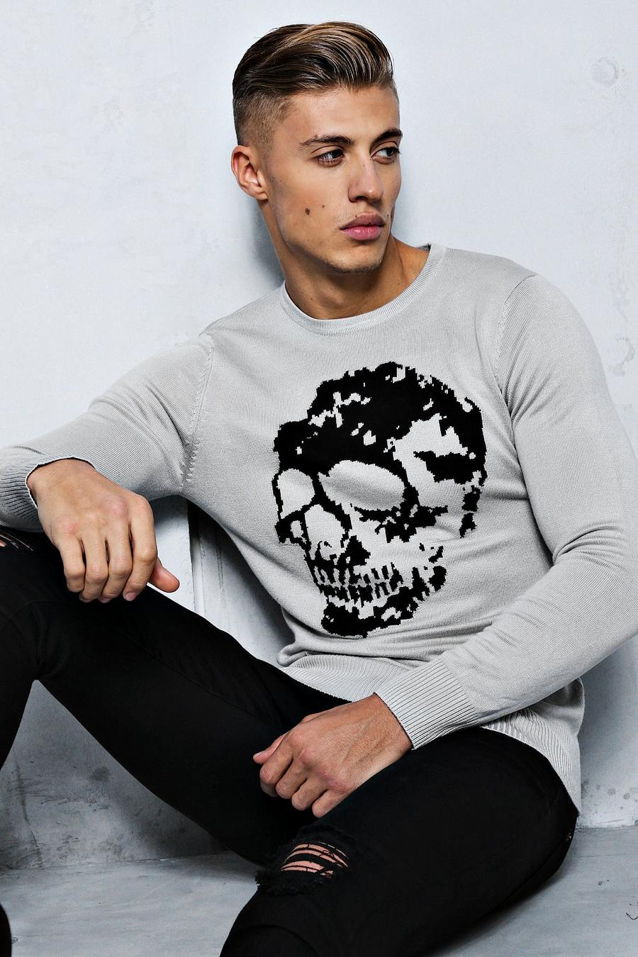 Grey Skull Intarsia Knitted Sweater image number 1