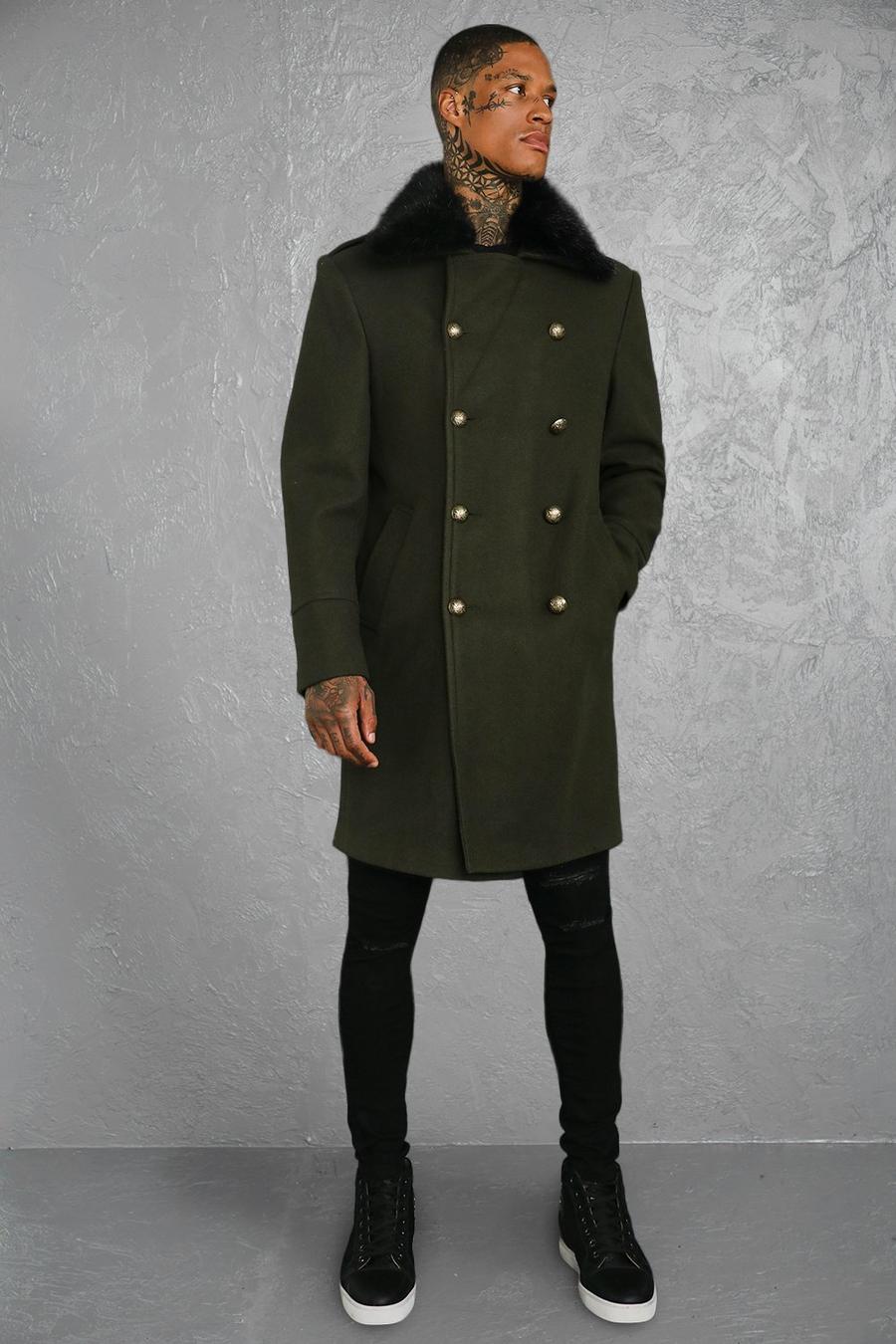 Khaki Faux Fur Collar Military Style Overcoat image number 1